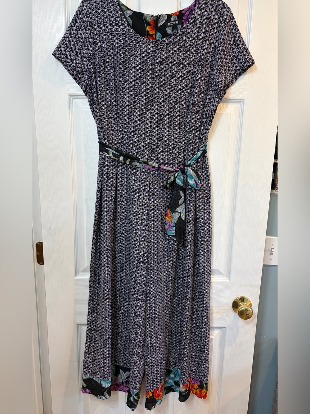 Roz & Ali Black and White Patterned Wide Leg Jumpsuit with Floral Belt